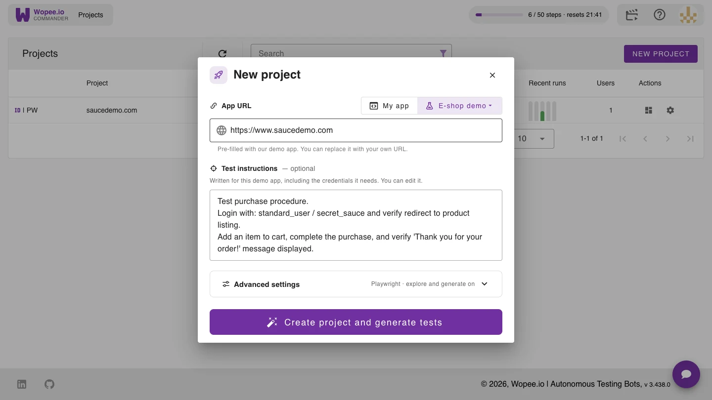 New project dialog