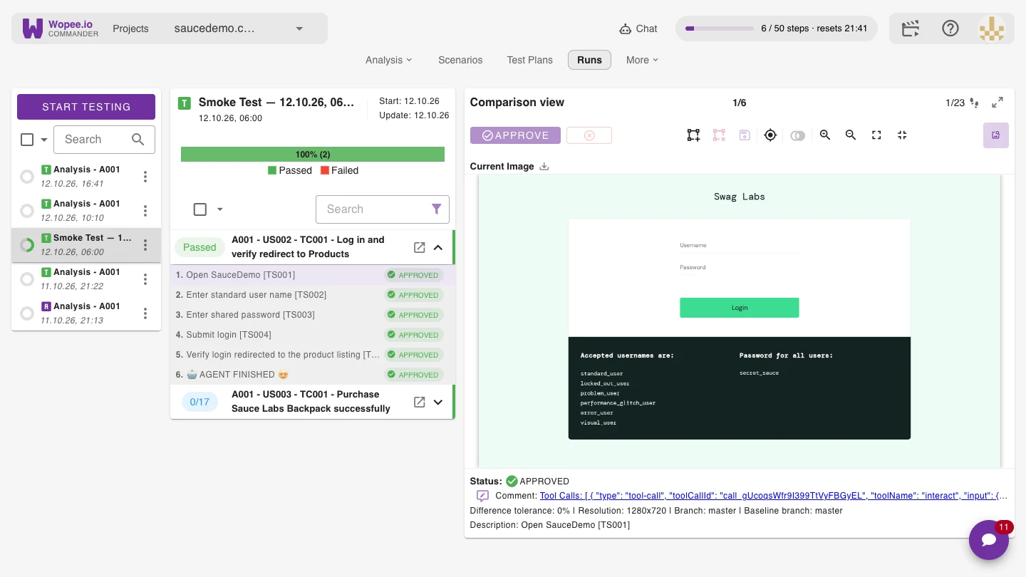 Runs with the comparison view