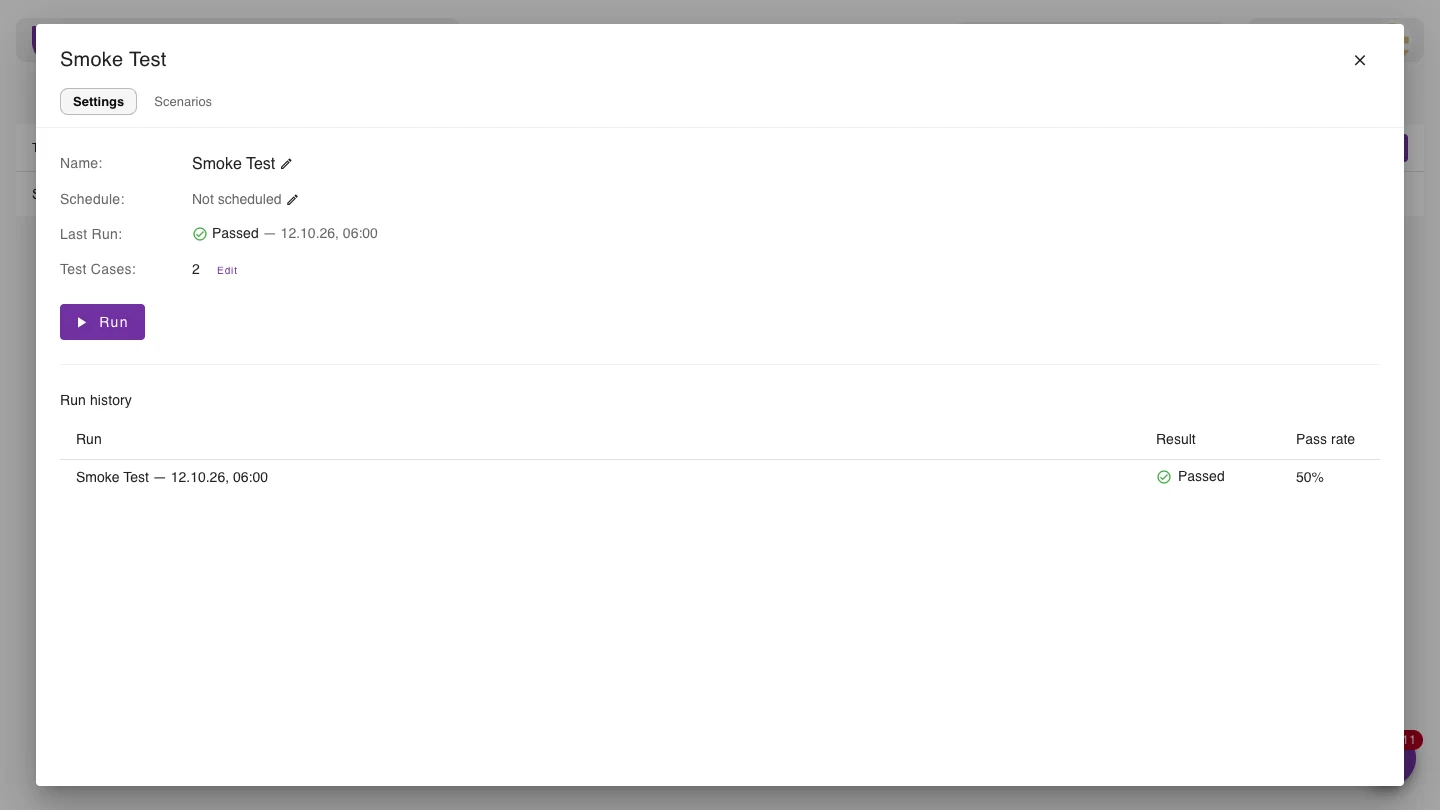 Test plan with its run history