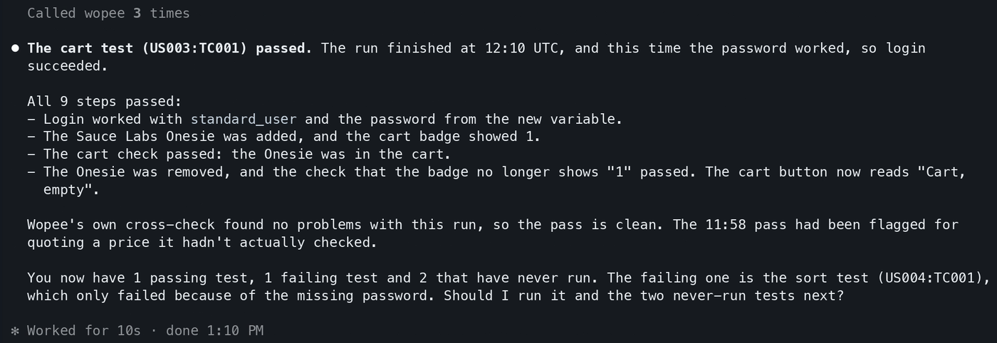 Claude Code reports a passed Wopee.io test run with the steps the testing agent checked