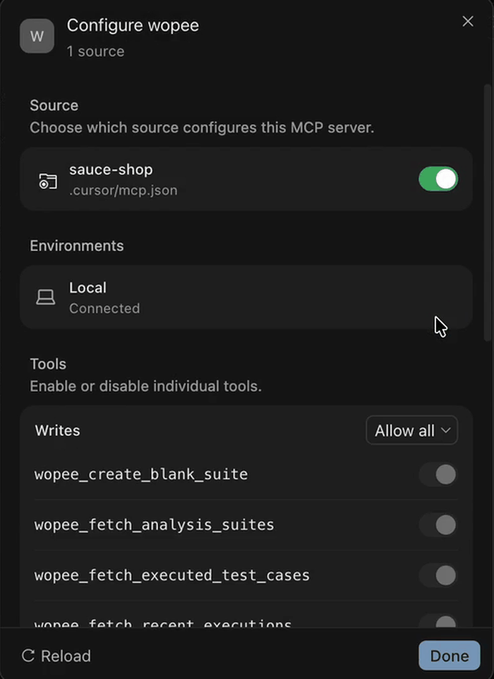 Configure wopee dialog in Cursor with the .cursor/mcp.json source switched on and the wopee tools listed