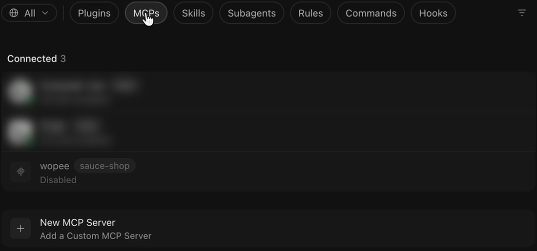 The wopee server listed as Disabled in Cursor Customize › MCPs