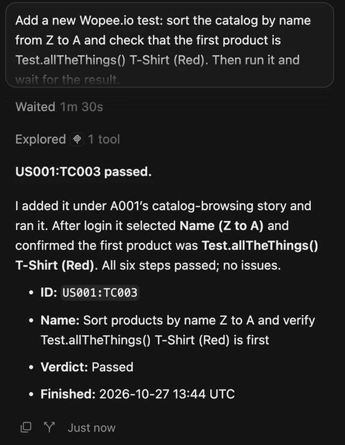 Cursor agent reports that the new Wopee.io test passed, with its ID, verdict and finish time