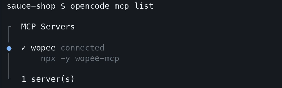 opencode mcp list output with wopee connected
