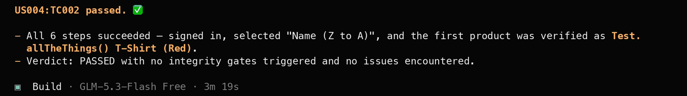 OpenCode reports that a Wopee.io test passed, with the steps and the verdict