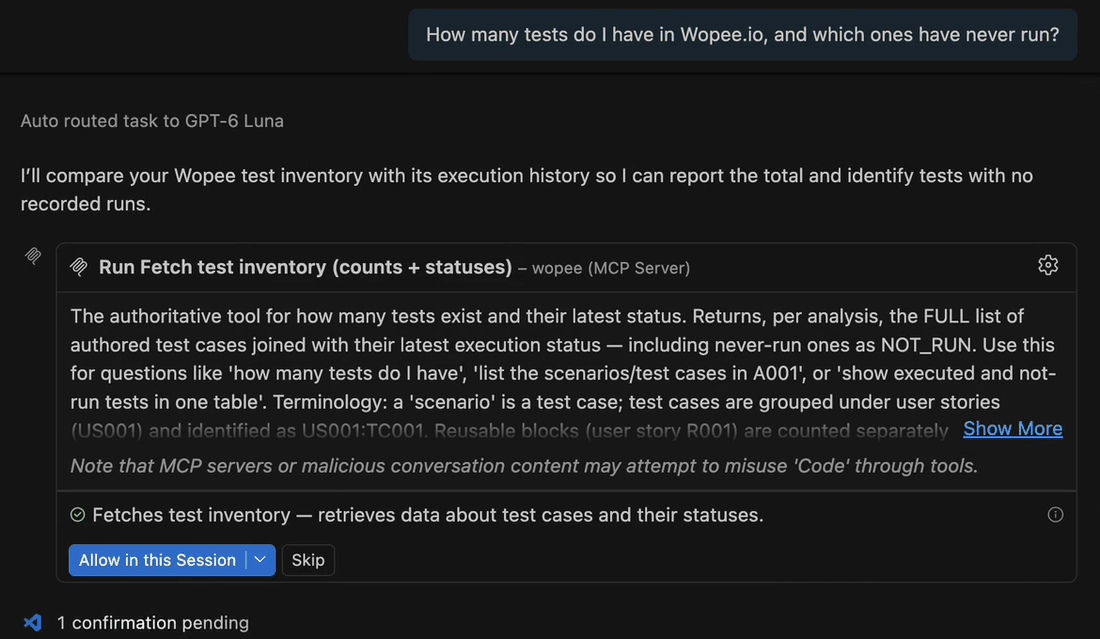 Copilot Chat asks to run the wopee tool Fetch test inventory, with Allow in this Session and Skip