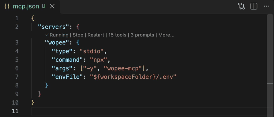 .vscode/mcp.json in VS Code with the Running, 15 tools, 3 prompts CodeLens above the wopee entry
