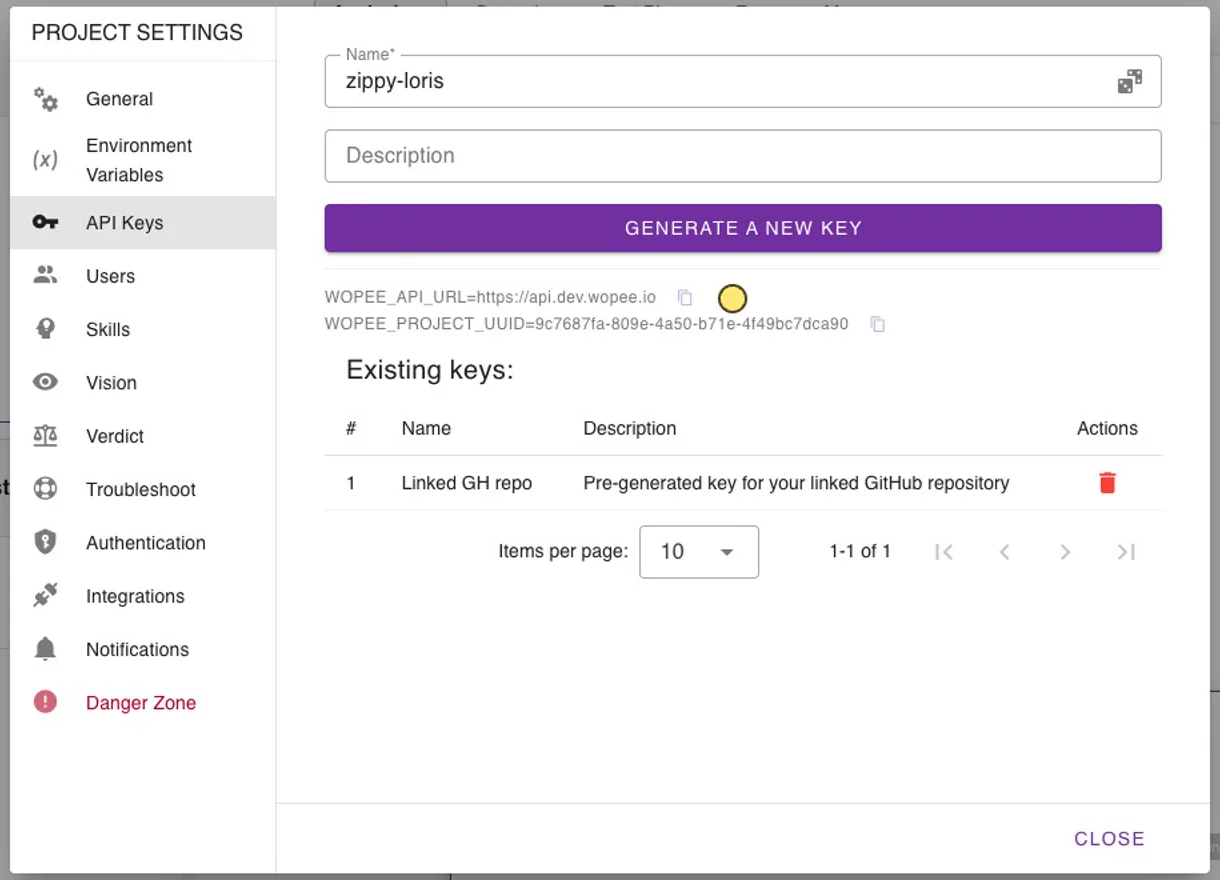 API Keys in project settings