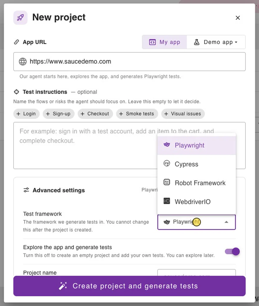 Test framework picker in the New project dialog